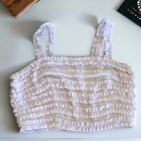 Vintage white linen/cotton/rayon lined zip up back ruffle crop top. Women S - Picture 1 of 16